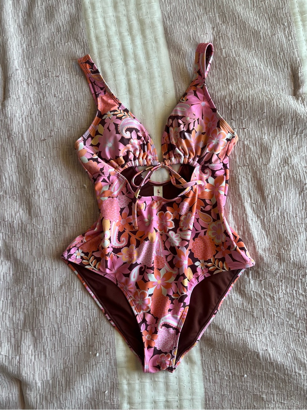 Y2K 2000s Pink Brown Floral One Piece Swimsuit Bow Accent Cheeky Juniors Large